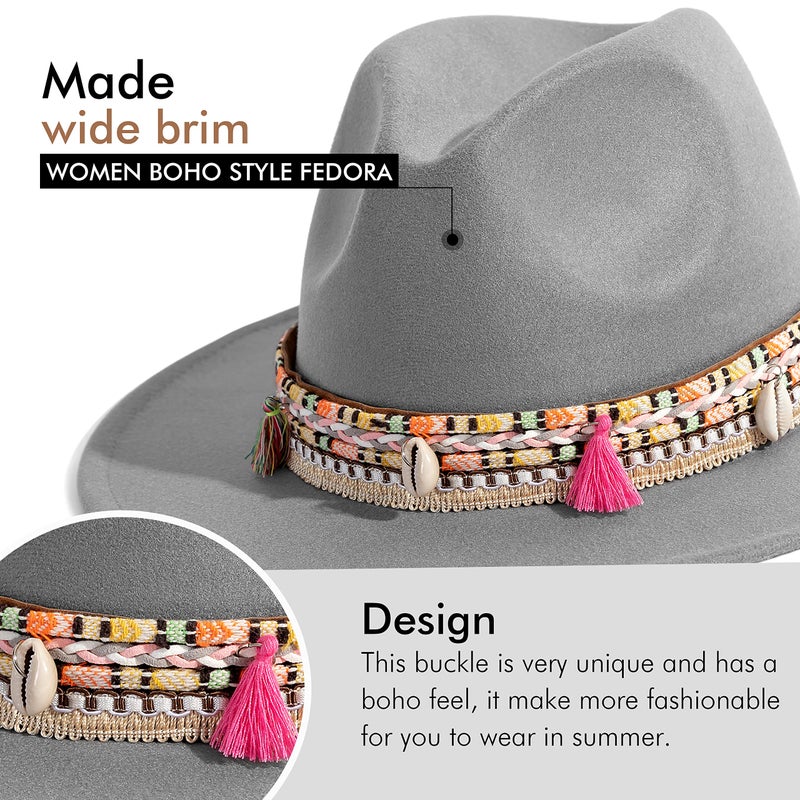 Gossifan Women's Felt Fedora Hat Wide Brim Panama Hats with Tassel-Light Grey - Image 3